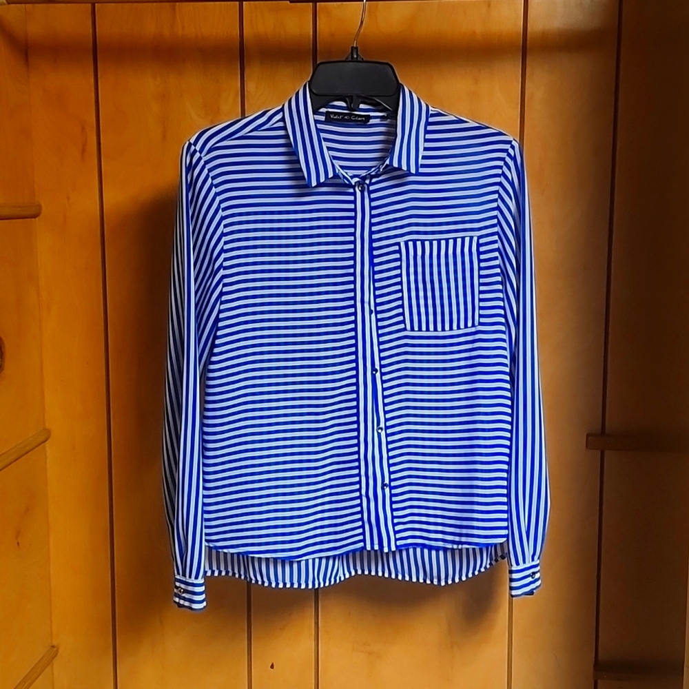 Blue and White sheer long sleeve button up blouse by Violet & Claire. Size Small